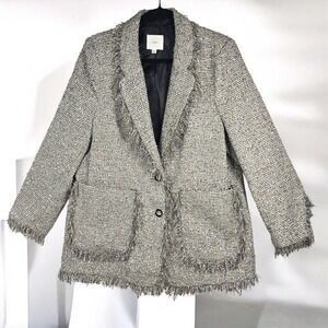 A Loves A Blazer Jacket Woman Large Silver Black Metallic Tweed Fringe 2 Button